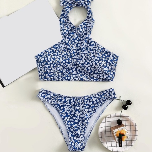 Halter Wrap Bikini Swim Top Cheeky High Waist Bikini Bottoms SET Blue M - Picture 12 of 17